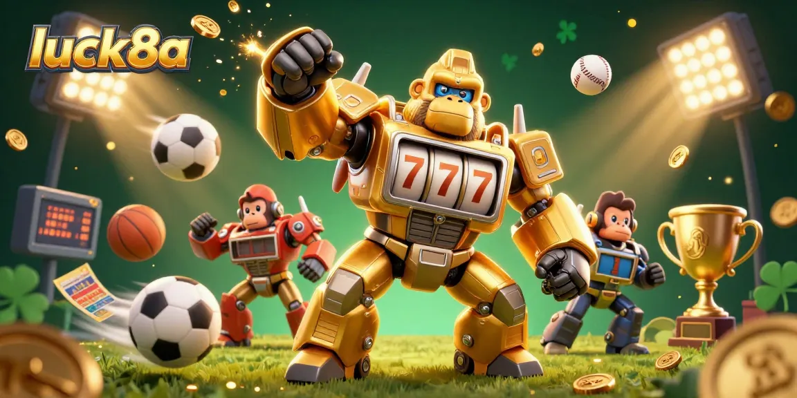 Experience winning moments with luck8a in this vibrant 3D casino scene featuring a golden gorilla mech.