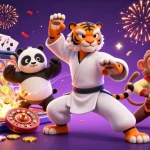 Engage in thrilling moments at O8 with a playful scene of a kung fu tiger, panda, and monkey amidst dazzling casino elements.