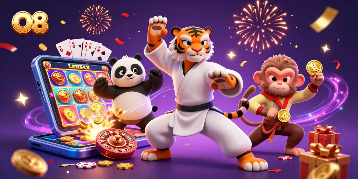 Engage in thrilling moments at O8 with a playful scene of a kung fu tiger, panda, and monkey amidst dazzling casino elements.