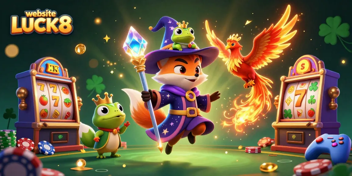 Engage with the thrilling world of gambling at website LUCK8 featuring a wizard fox and phoenix among slot machines.