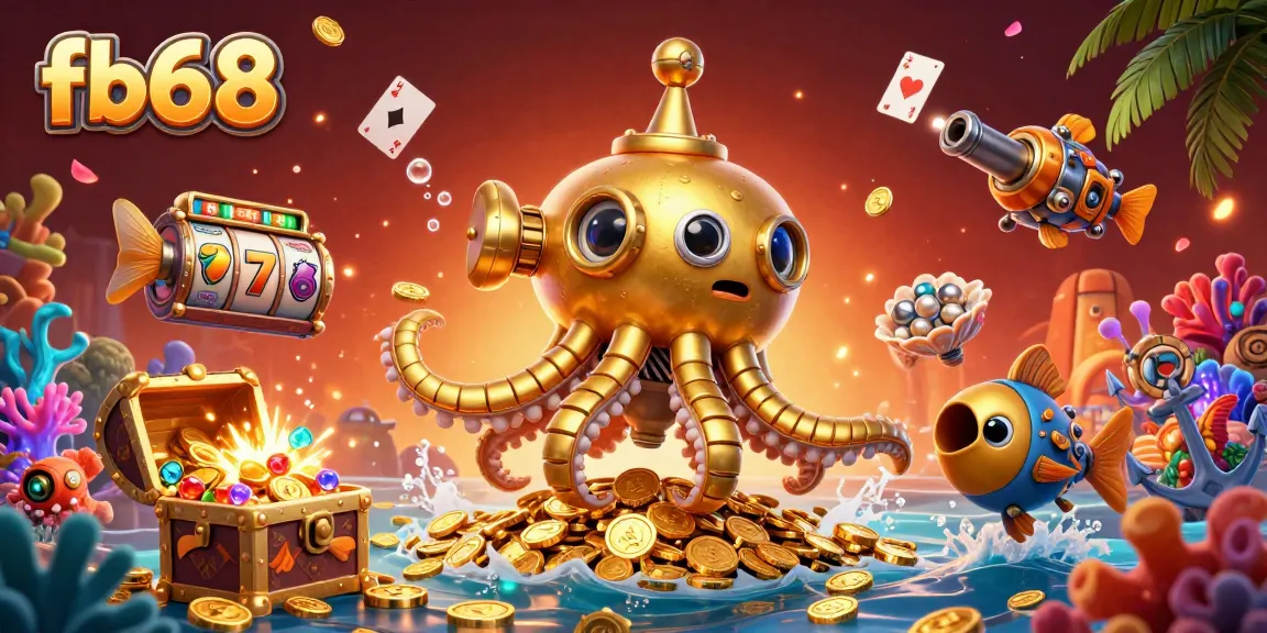 The fb68 kraken submarine surfaces in gold coins, showcasing vibrant slot elements and treasure in a dynamic scene.