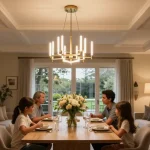 Candelabru living elegant în sufragerie modernă cu lumină caldă și familie la masă.