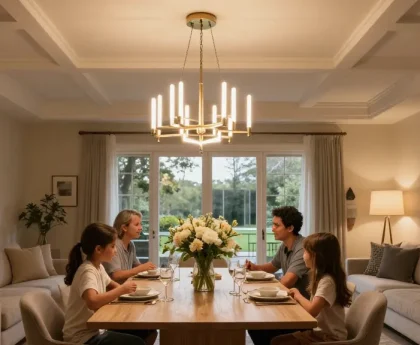Candelabru living elegant în sufragerie modernă cu lumină caldă și familie la masă.