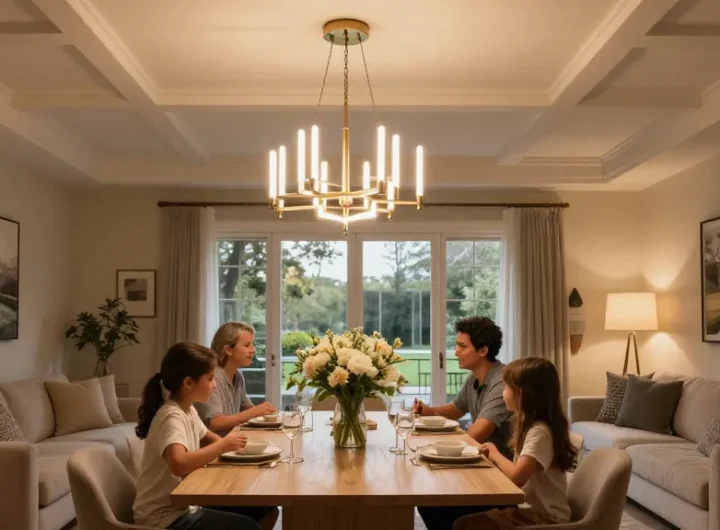Candelabru living elegant în sufragerie modernă cu lumină caldă și familie la masă.