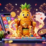 No deposit bonus casino illustration featuring a pineapple king and casino elements.