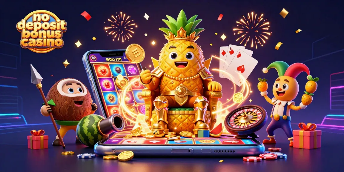 No deposit bonus casino illustration featuring a pineapple king and casino elements.