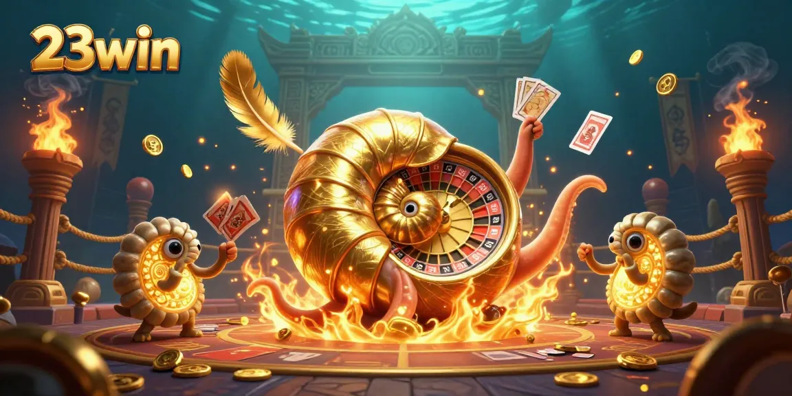 Engage with 23win as the ancient giant nautilus spins the roulette wheel and displays cards.