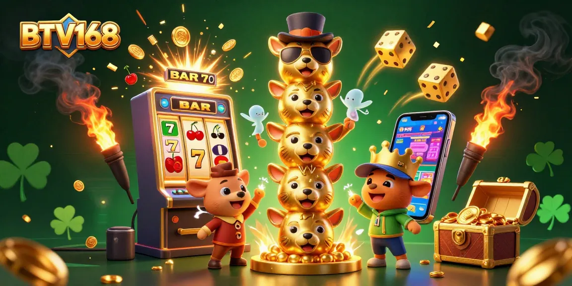Engage with BTV168 in a vibrant casino scene filled with animated totem poles, slots, and gold!