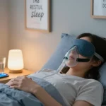 Person using cpap mask for better sleep quality in a cozy bedroom.