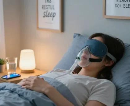 Person using cpap mask for better sleep quality in a cozy bedroom.