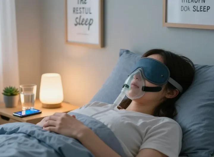 Person using cpap mask for better sleep quality in a cozy bedroom.
